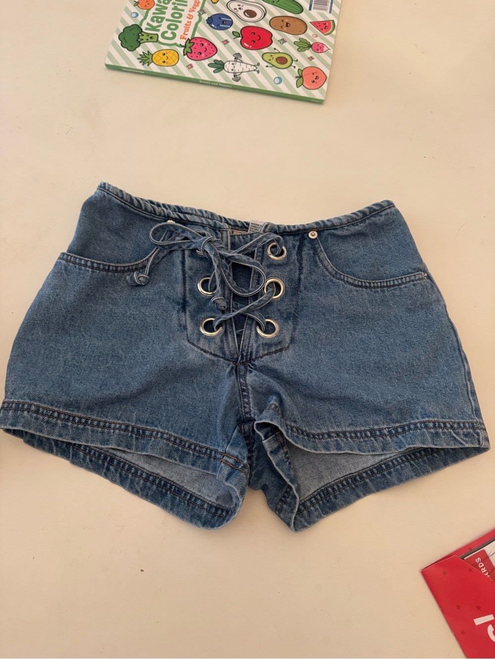 Vintage Lace-Up High-Waist Denim Shorts - Blue Sz 3